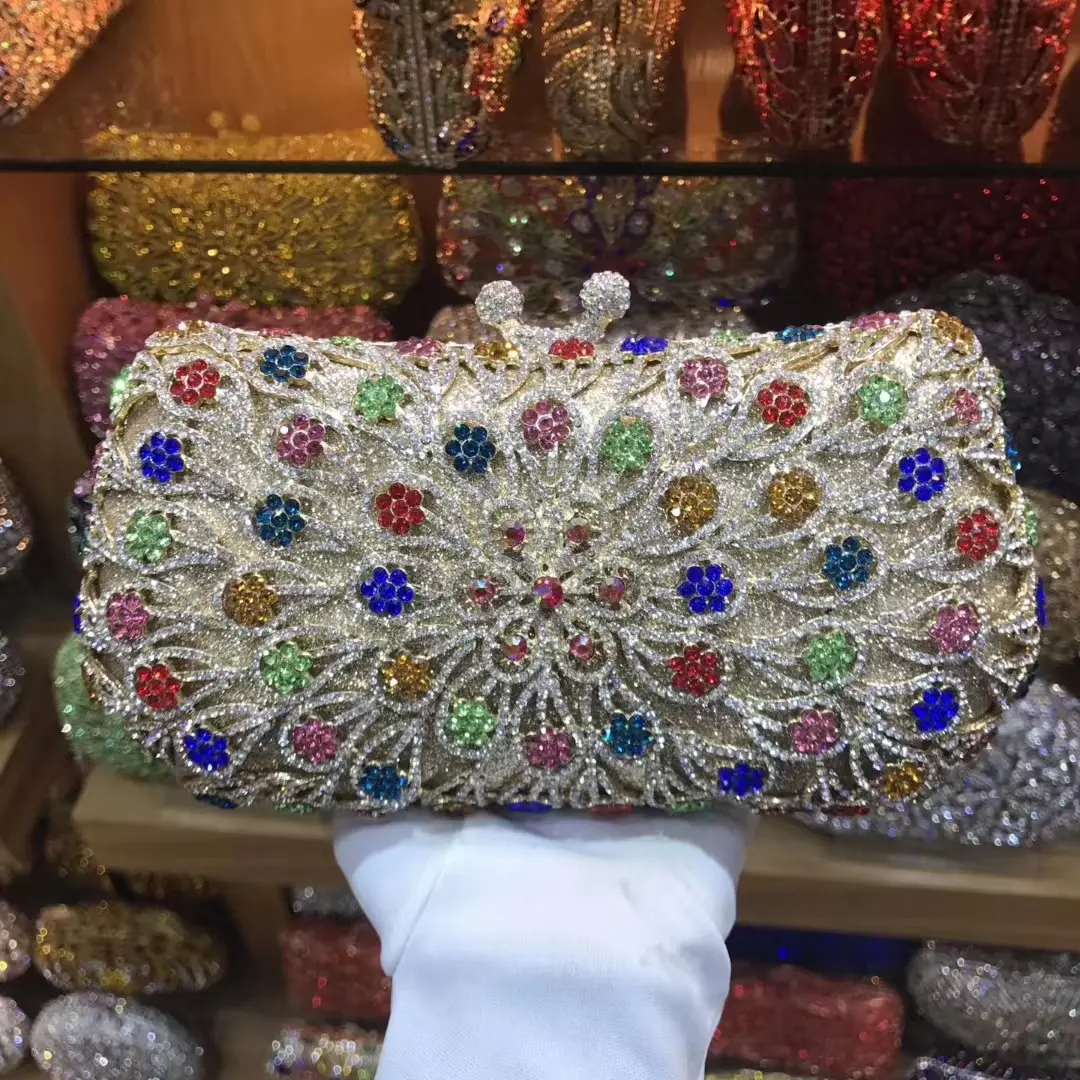 XIYUAN Gold Flower Women Crystal Clutch Purse Lady Stones Evening Bags Hollow Out Wedding Party Chain Handbag and Purse Green