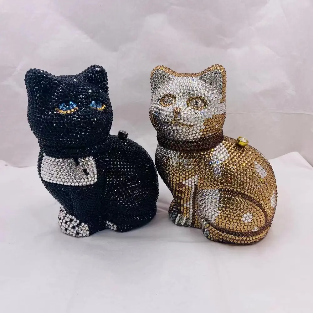 XIYUAN Lovely Cat Women Golden/Black Crystals Minaudiere Clutch Purse Animal Evening Bags Lady Dinner Handbag Cute Cat Purses