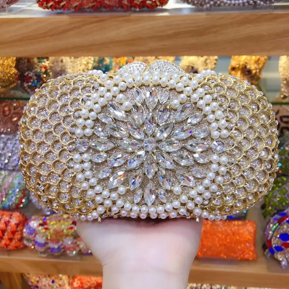 XIYUAN Women Gold Stone Minaudiere Rhinestone Clutch Crystal Evening Handbag Women Party Prom Bag Bridal Clutches Wedding Purse