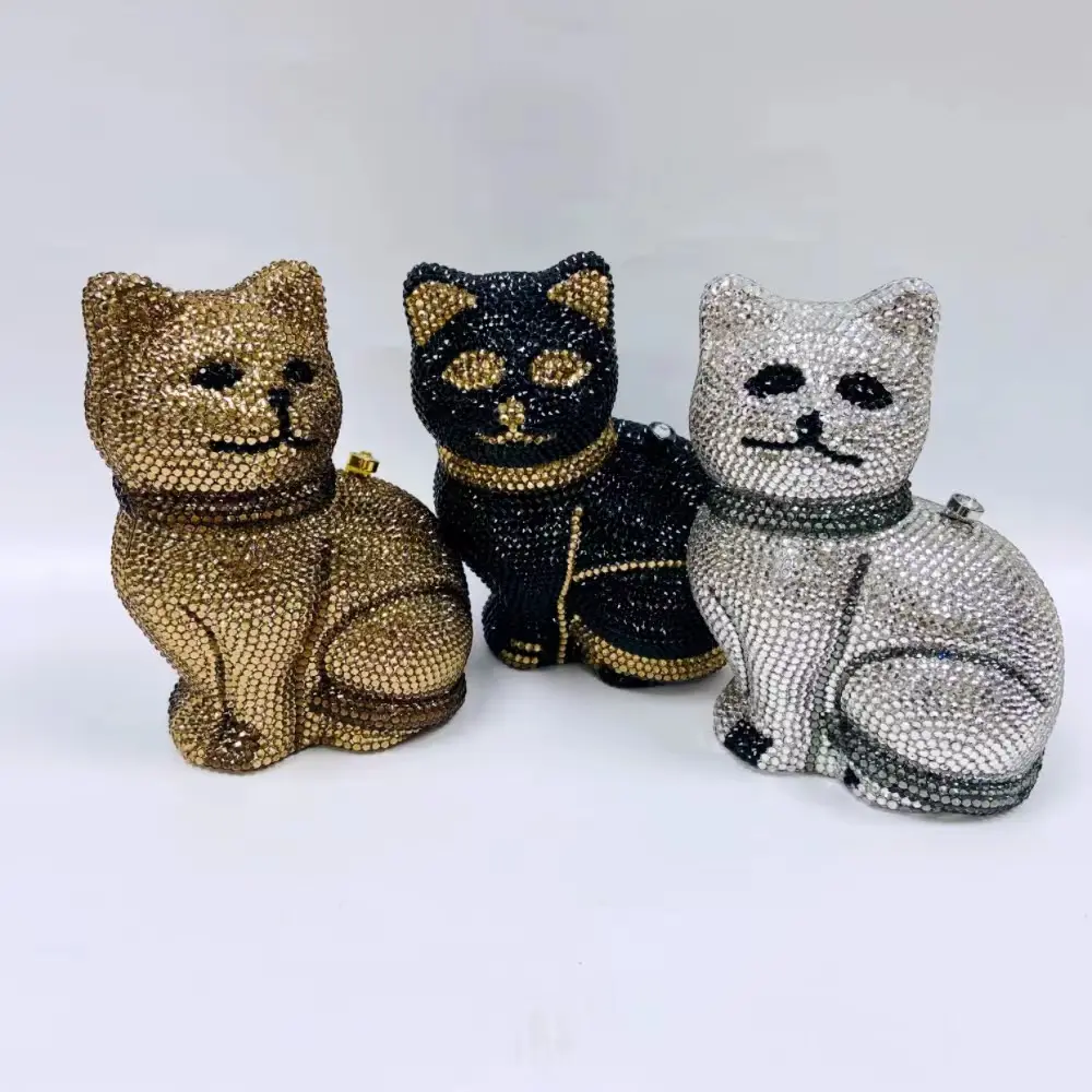 XIYUAN Lovely Cat Women Golden/Black Crystals Minaudiere Clutch Purse Animal Evening Bags Lady Dinner Handbag Cute Cat Purses