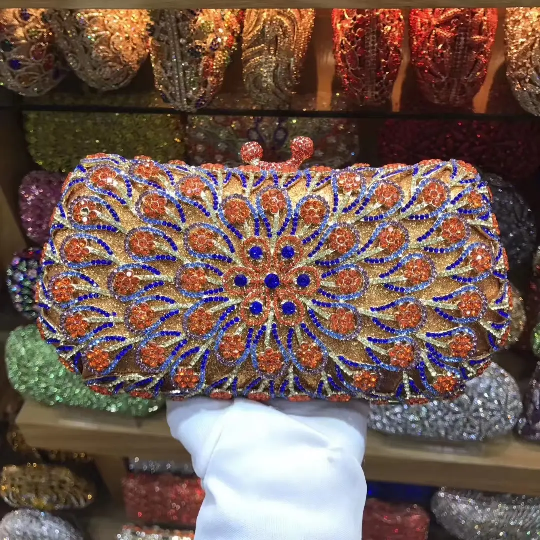 XIYUAN Gold Flower Women Crystal Clutch Purse Lady Stones Evening Bags Hollow Out Wedding Party Chain Handbag and Purse Green