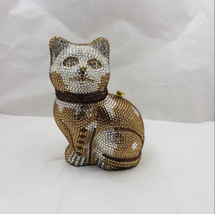 XIYUAN Lovely Cat Women Golden/Black Crystals Minaudiere Clutch Purse Animal Evening Bags Lady Dinner Handbag Cute Cat Purses