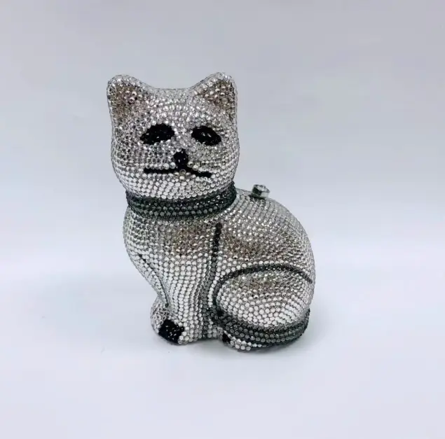 XIYUAN Lovely Cat Women Golden/Black Crystals Minaudiere Clutch Purse Animal Evening Bags Lady Dinner Handbag Cute Cat Purses