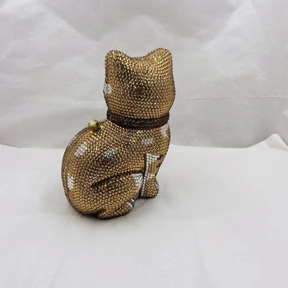 XIYUAN Lovely Cat Women Golden/Black Crystals Minaudiere Clutch Purse Animal Evening Bags Lady Dinner Handbag Cute Cat Purses