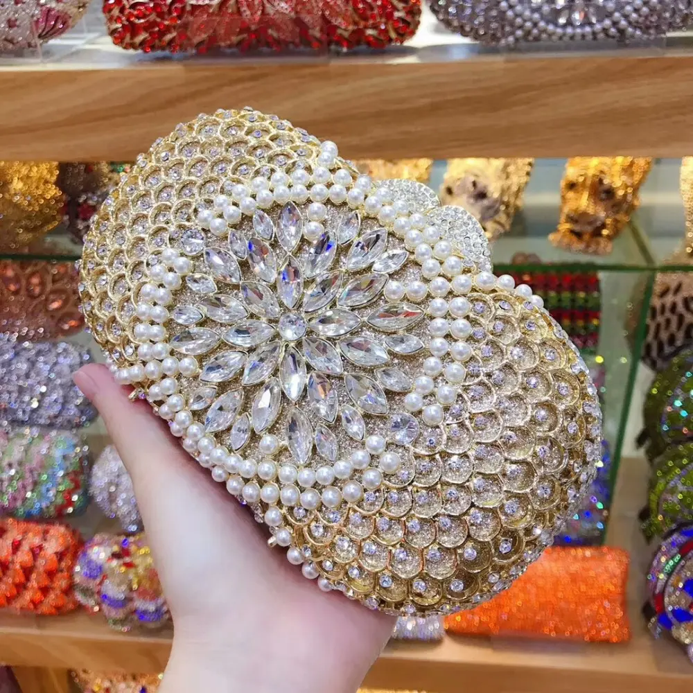 XIYUAN Women Gold Stone Minaudiere Rhinestone Clutch Crystal Evening Handbag Women Party Prom Bag Bridal Clutches Wedding Purse