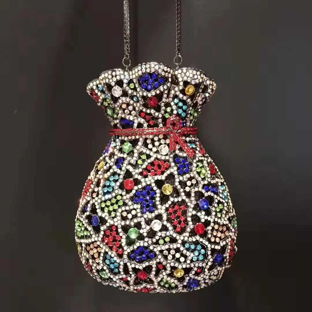 Lady Green Flower Bottle Full Rhinestones Evening Bags Wedding Stone Clutch Purse Metal Minaudiere Handbag Bridal Party Handbags