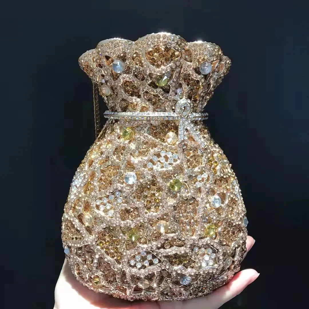 Lady Green Flower Bottle Full Rhinestones Evening Bags Wedding Stone Clutch Purse Metal Minaudiere Handbag Bridal Party Handbags