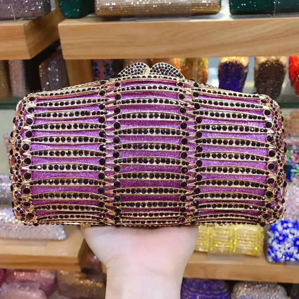 lady purple box Metal Minaudiere Clutch Silver Evening Crystal Handbags Women Party Prom Bag Bridal Clutches Wedding chain Purse