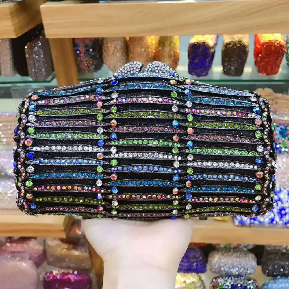 lady purple box Metal Minaudiere Clutch Silver Evening Crystal Handbags Women Party Prom Bag Bridal Clutches Wedding chain Purse