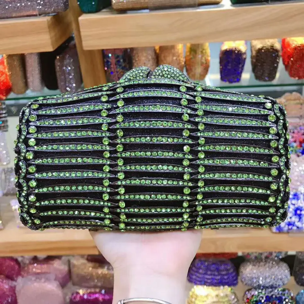 lady purple box Metal Minaudiere Clutch Silver Evening Crystal Handbags Women Party Prom Bag Bridal Clutches Wedding chain Purse