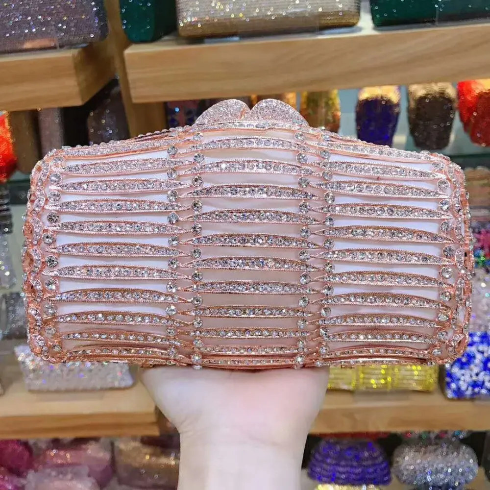 lady purple box Metal Minaudiere Clutch Silver Evening Crystal Handbags Women Party Prom Bag Bridal Clutches Wedding chain Purse