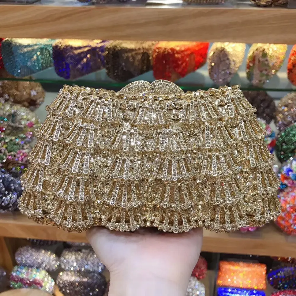 XIYUAN Colorful Hollow Out Diamond Crystal Purse Evening Bags For Women Gold Minaudiere Bag Wedding Party Clutch Bridal Handbag