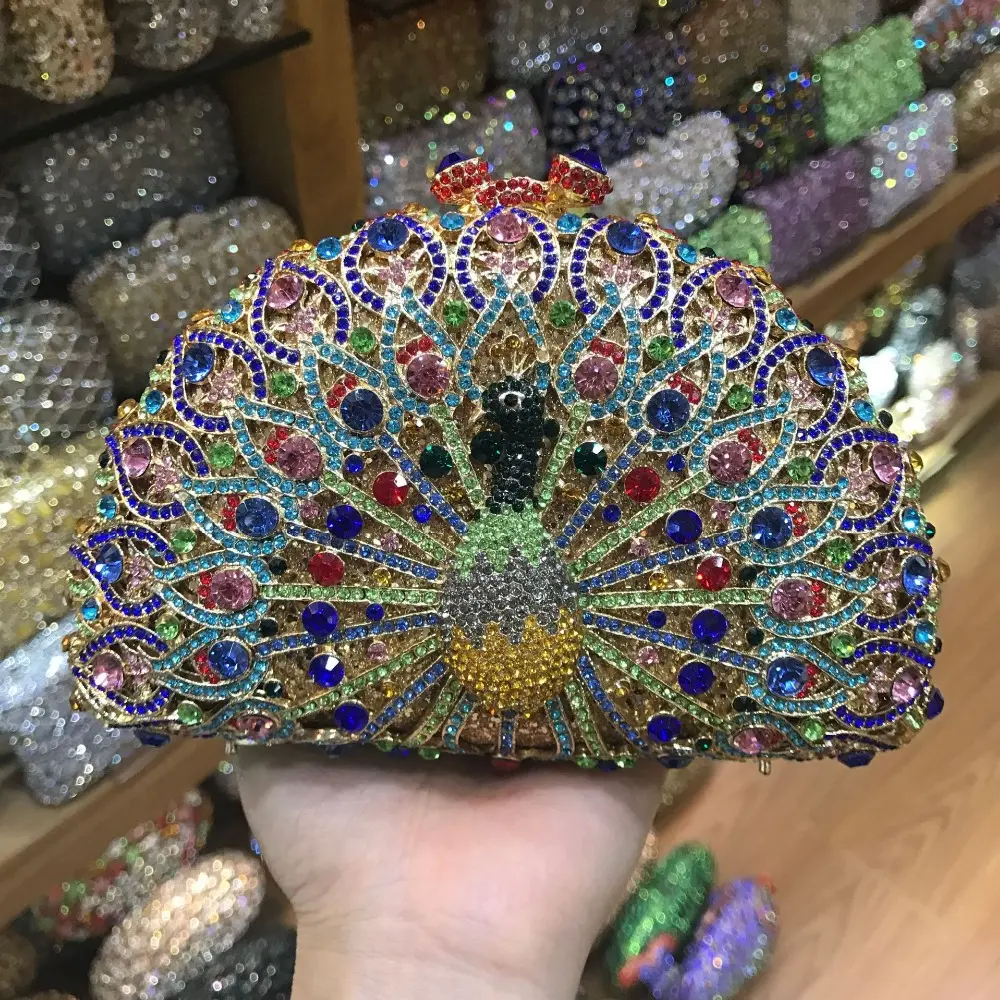 XIYUAN peacock Hard Case Metal Women Evening Clutches Bags Bridal Handbag Rhinestones Hand Clutch Wedding Purse messenger bags