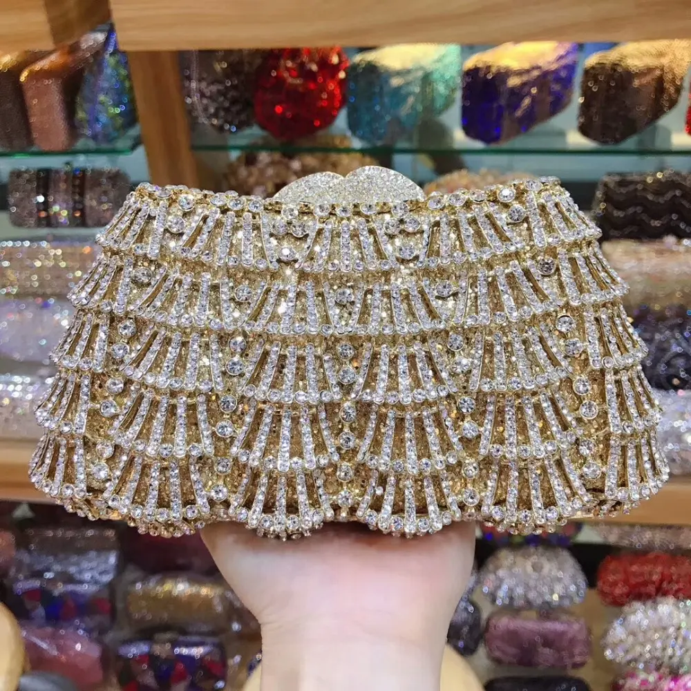XIYUAN Colorful Hollow Out Diamond Crystal Purse Evening Bags For Women Gold Minaudiere Bag Wedding Party Clutch Bridal Handbag