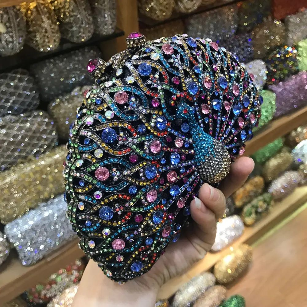 XIYUAN peacock Hard Case Metal Women Evening Clutches Bags Bridal Handbag Rhinestones Hand Clutch Wedding Purse messenger bags