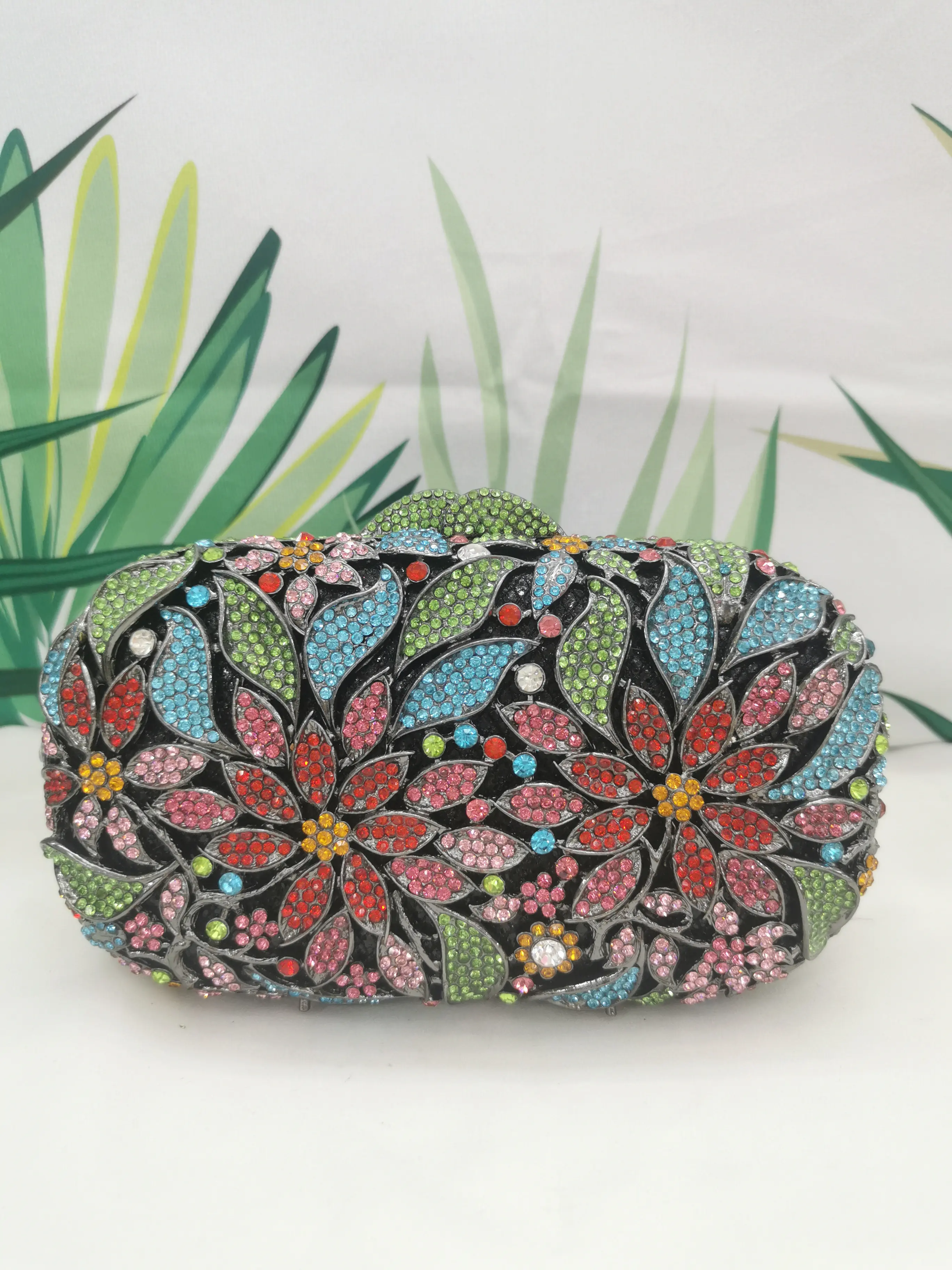 XIYUAN  Luxury Rhinestone Black Handbags Women Crystal Clutch Flower Evening Bags Wedding Floral Handbags Bridal Party Purse Bag