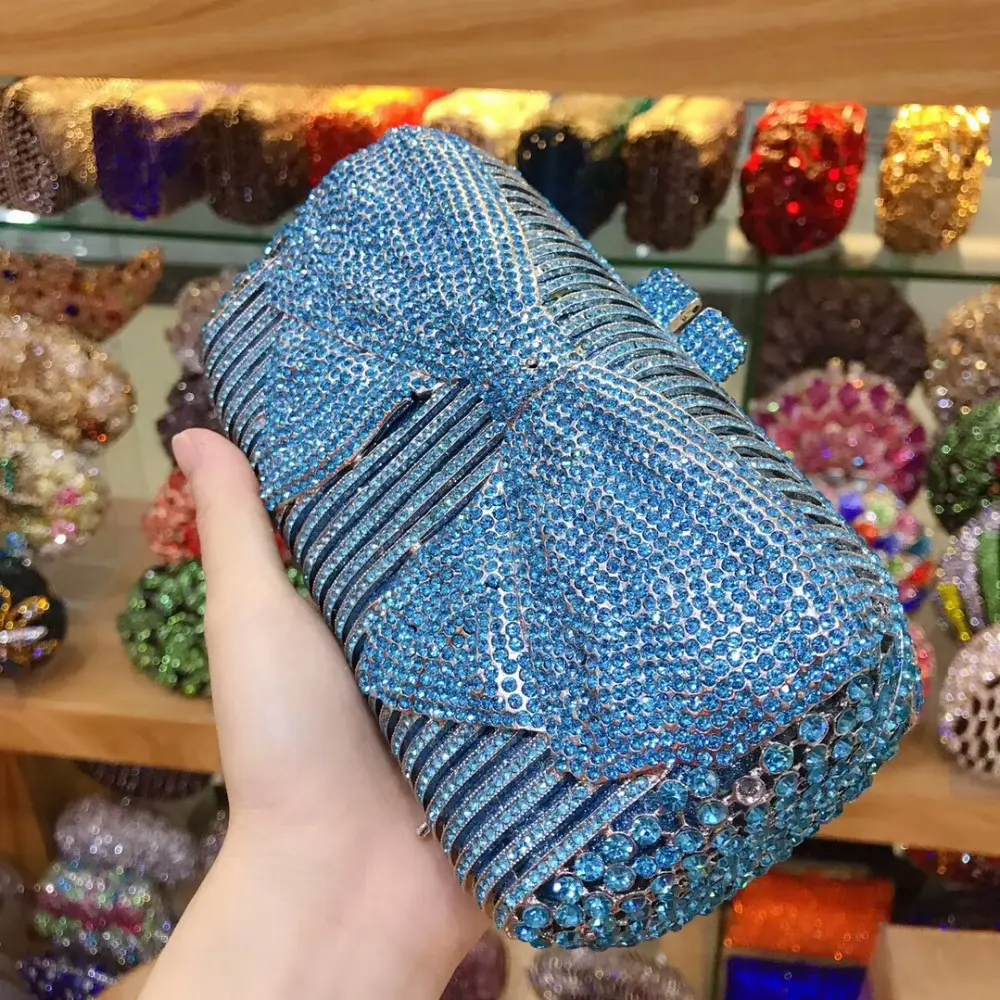 XIYUAN Blue Silver Diamonds Evening Clutch Bags 2025 New Metallic Bow Rhinestones Clutch Purses Wedding Party Gems Day Clutches