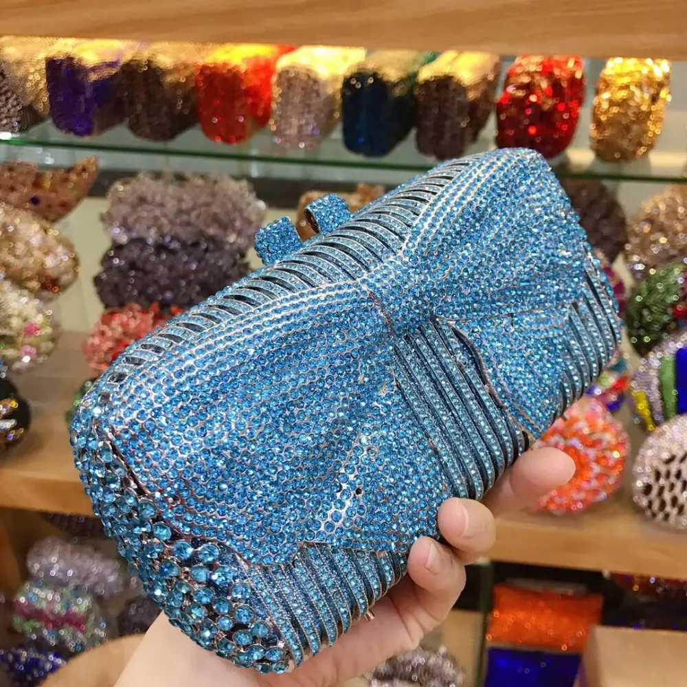 XIYUAN Blue Silver Diamonds Evening Clutch Bags 2025 New Metallic Bow Rhinestones Clutch Purses Wedding Party Gems Day Clutches
