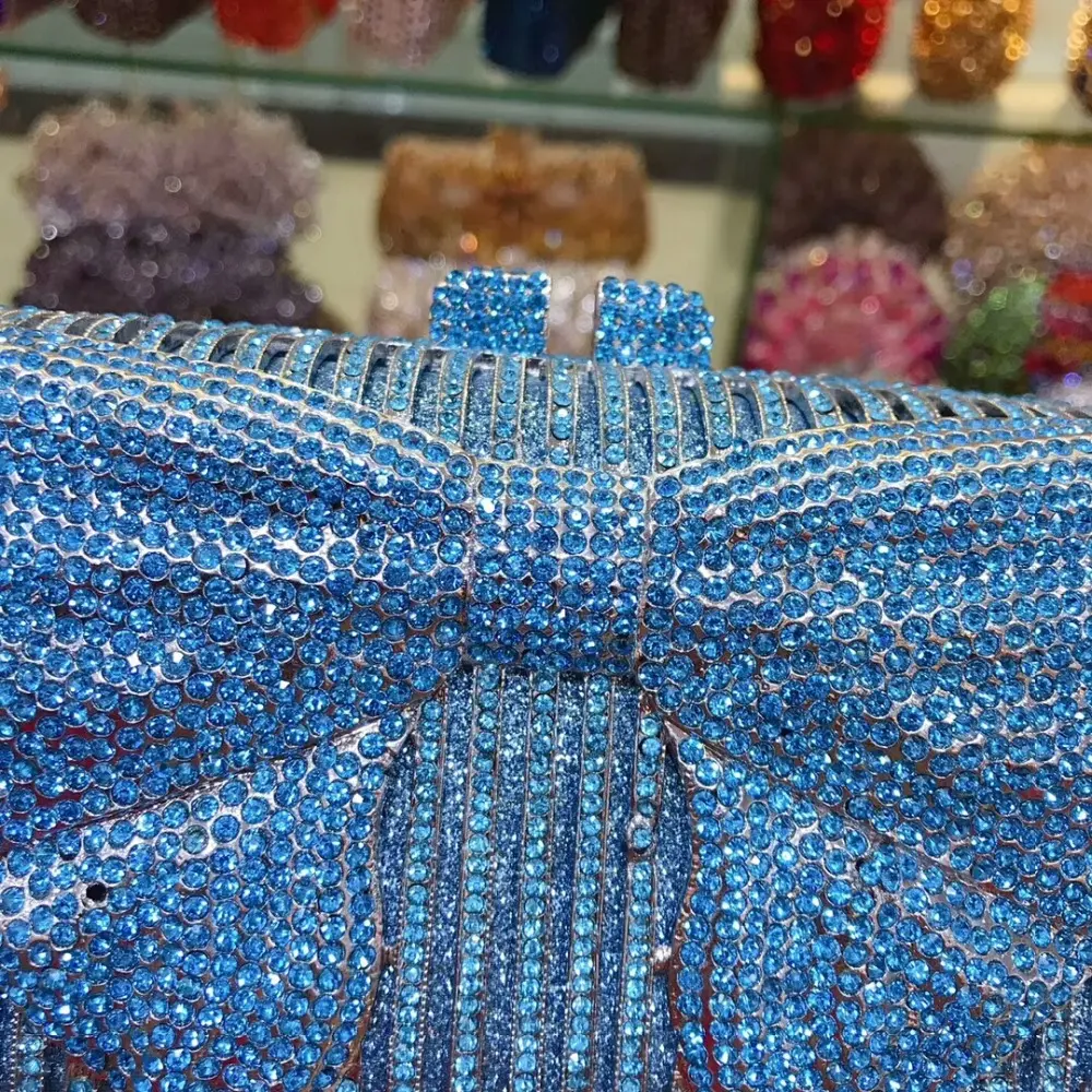 XIYUAN Blue Silver Diamonds Evening Clutch Bags 2025 New Metallic Bow Rhinestones Clutch Purses Wedding Party Gems Day Clutches