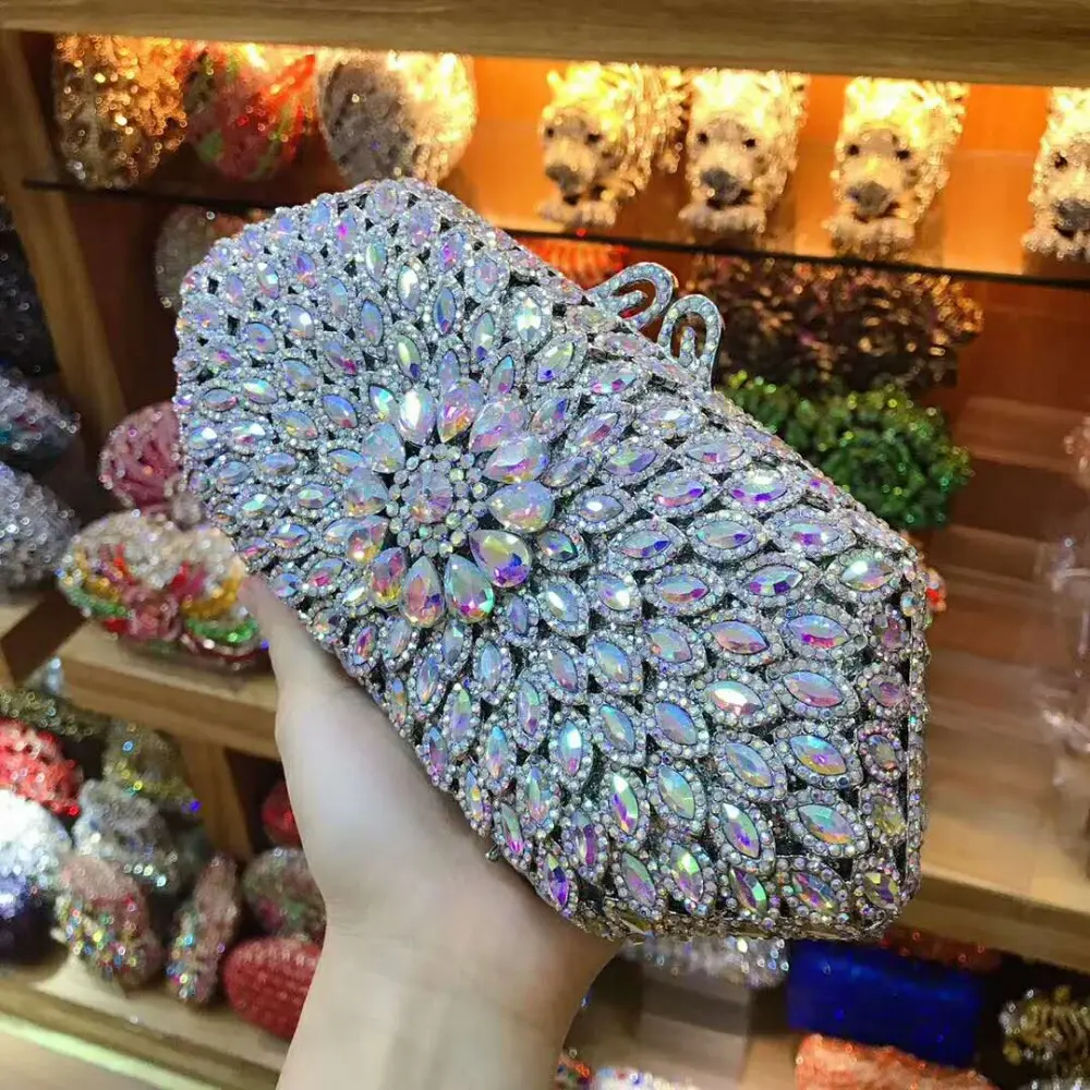 XIYUAN  Women AB Silver Crystal Evening Bags Hollow Out Ladies Diamond Minaudiere Wedding rhinestones Clutch Purse And Handbag