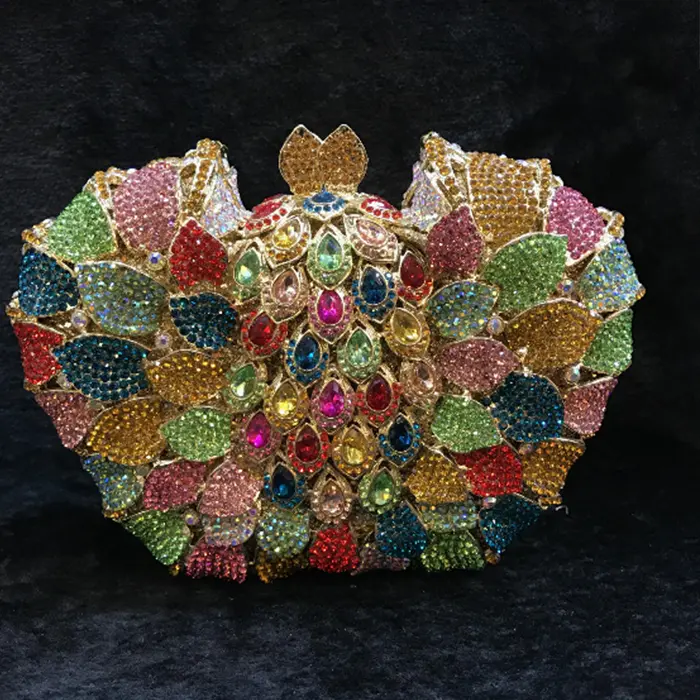 Gold Women Evening Bags multi colour Hollow Out Stones Beaded Wedding Clutch Bridal Diamond Minaudiere fit ihone 7 plus Purse