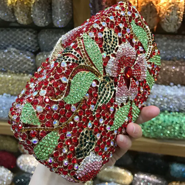 red/silver Crystal Rhinestones Women Evening Party Cocktail Bags Hollow Out Metal Bridal Clutch Wedding Purse Minaudiere Handbag