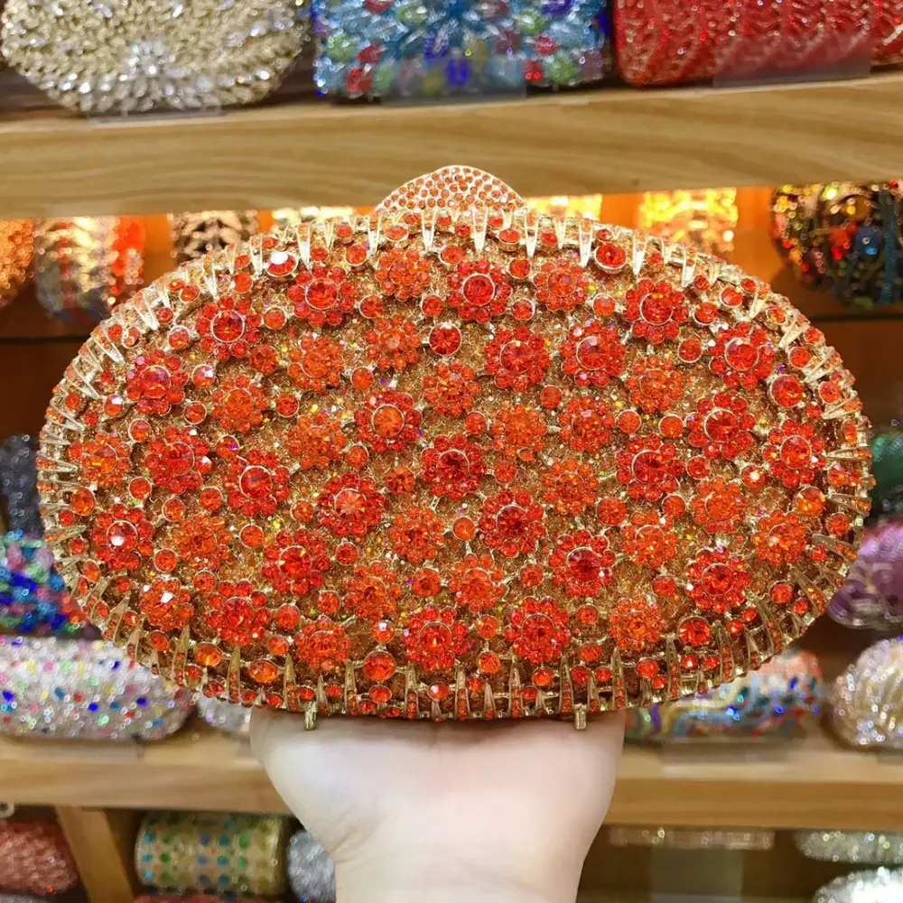 Hollow Out Flower green/gold/red Crystal Women Evening Bags Metal Shoulder Handbag Minaudiere Clutch Wedding prom Clutches purse
