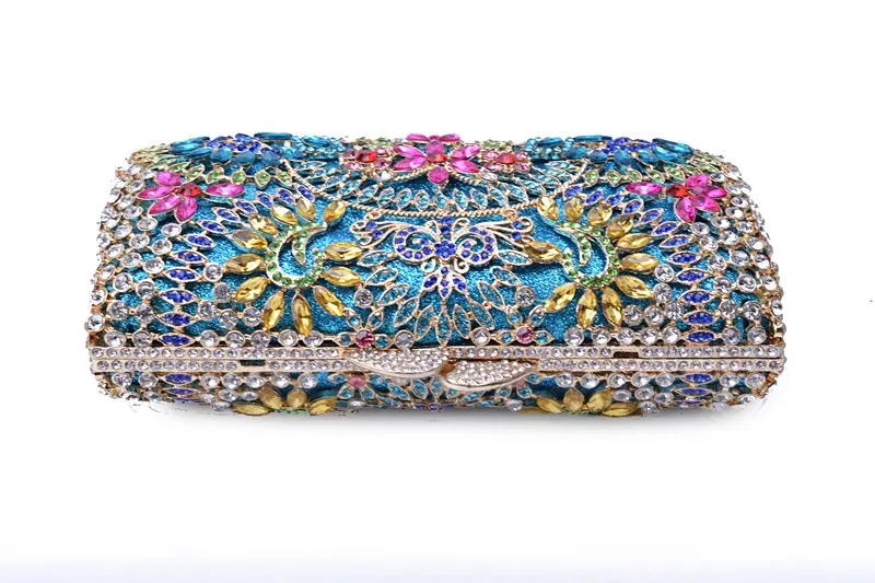 XIYUAN Women Blue Color Stones Evening Purses Diamond Handbags Wedding Party Dinner Crystal Flower Clutch Bags Minaudiere Bag