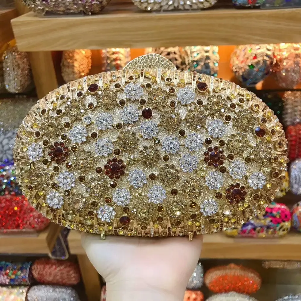 Hollow Out Flower green/gold/red Crystal Women Evening Bags Metal Shoulder Handbag Minaudiere Clutch Wedding prom Clutches purse