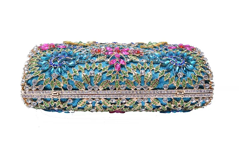 XIYUAN Women Blue Color Stones Evening Purses Diamond Handbags Wedding Party Dinner Crystal Flower Clutch Bags Minaudiere Bag