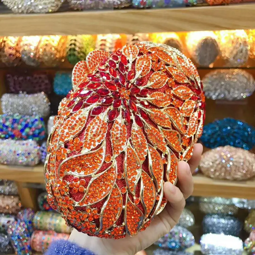 XIYUAN Women Orange Color Stones Clutch Crystal Evening Bags Hard Case Metal Minaudiere Rhinestones Handbags Wedding Party Purse