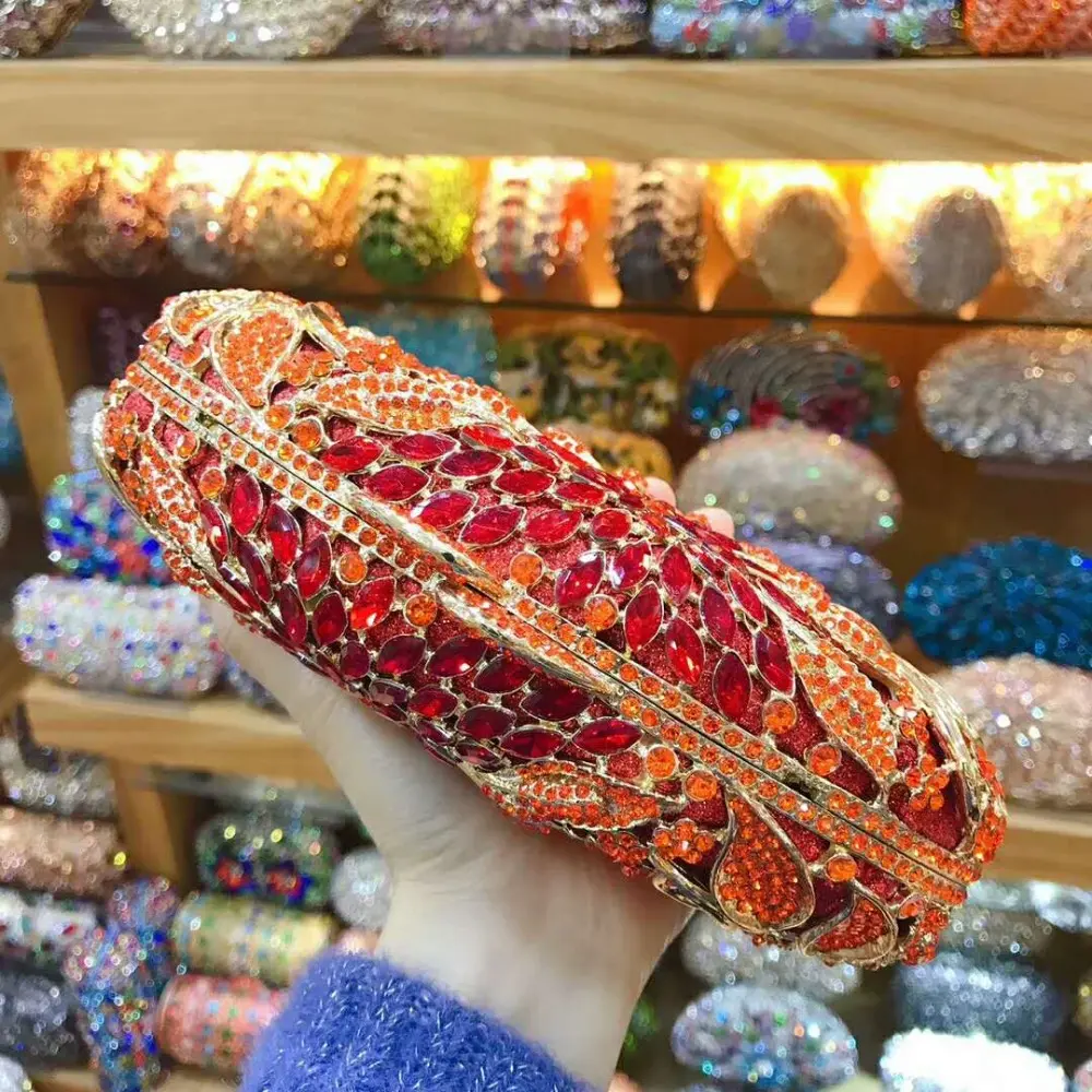 XIYUAN Women Orange Color Stones Clutch Crystal Evening Bags Hard Case Metal Minaudiere Rhinestones Handbags Wedding Party Purse
