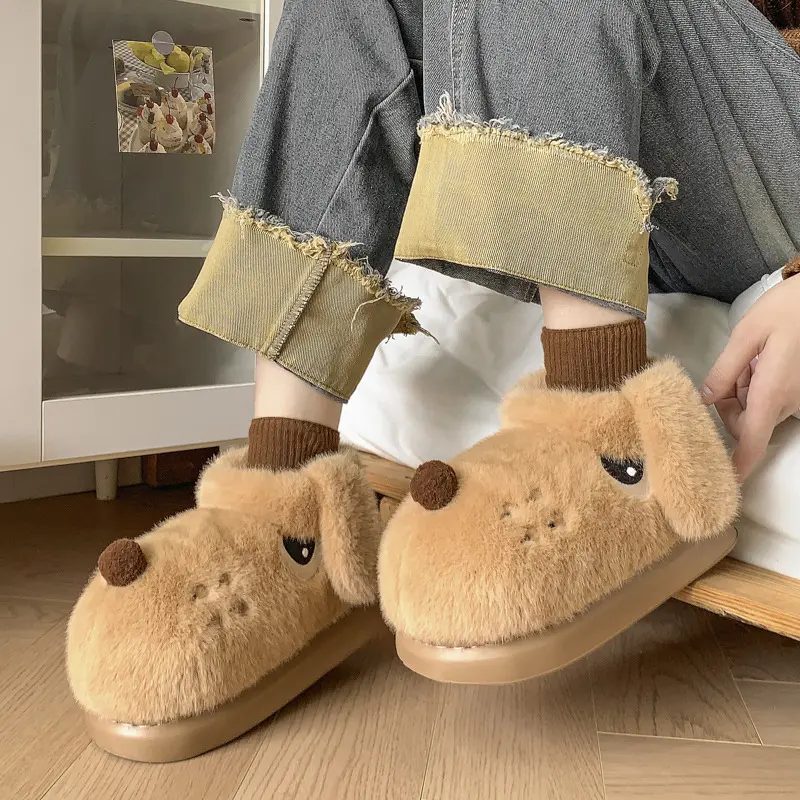 2025 New Arrival Cute Cartoon Dog Warm Slippers For Women Men Winter Platform Shoes Soft Plush Couples Indoor Fluffy Snow Boots