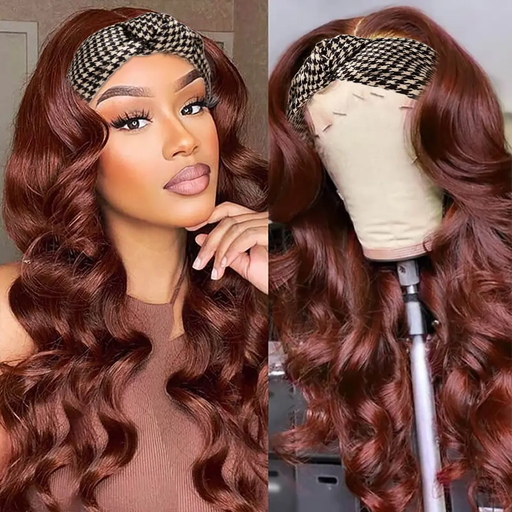 Reddish Brown Colored Headband Wigs for Black Women Body Wave Headband Wig Human Hair Wigs Ready To Wear Colored Human Hair Wigs