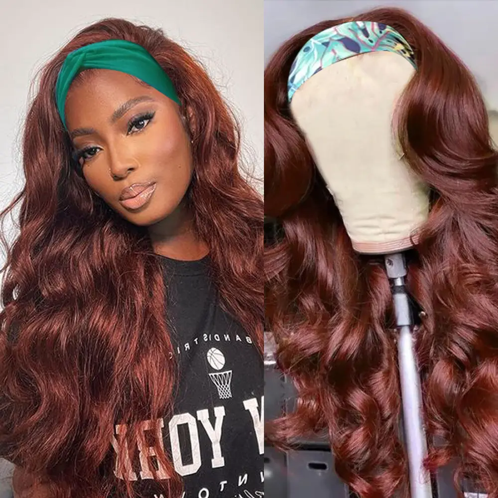 Reddish Brown Colored Headband Wigs for Black Women Body Wave Headband Wig Human Hair Wigs Ready To Wear Colored Human Hair Wigs