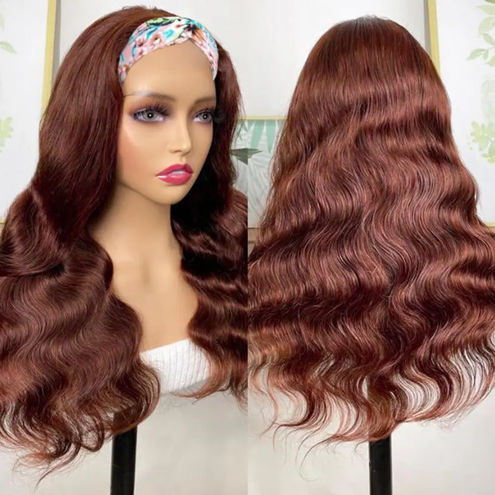 Reddish Brown Colored Headband Wigs for Black Women Body Wave Headband Wig Human Hair Wigs Ready To Wear Colored Human Hair Wigs