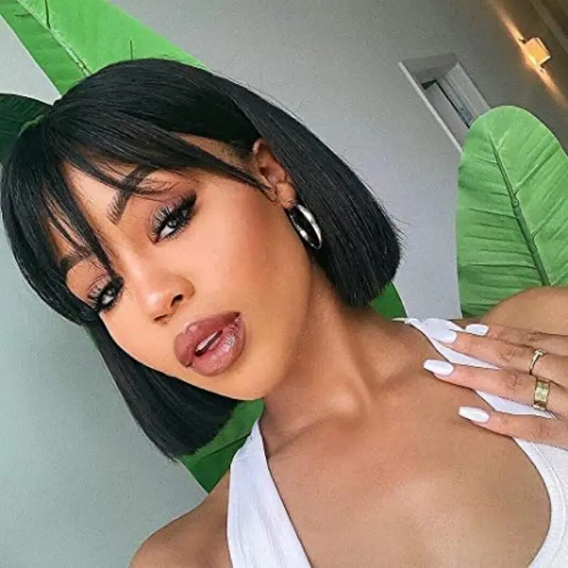 Short Human Hair Wigs For Women Straight BOB Wig With Bangs Human Hair 8-14" Cheap Wig 99J/Brown/Natural Color On Sale Clearance