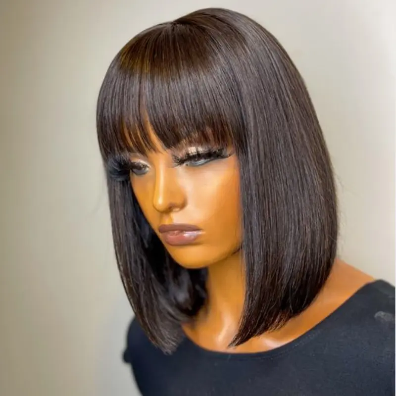 Short Human Hair Wigs For Women Straight BOB Wig With Bangs Human Hair 8-14" Cheap Wig 99J/Brown/Natural Color On Sale Clearance