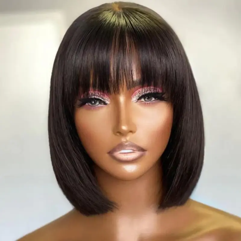 Short Human Hair Wigs For Women Straight BOB Wig With Bangs Human Hair 8-14" Cheap Wig 99J/Brown/Natural Color On Sale Clearance