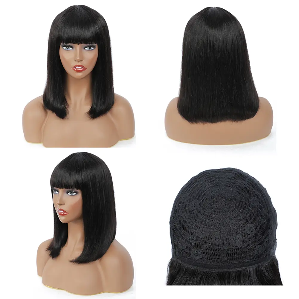 Short Human Hair Wigs For Women Straight BOB Wig With Bangs Human Hair 8-14" Cheap Wig 99J/Brown/Natural Color On Sale Clearance
