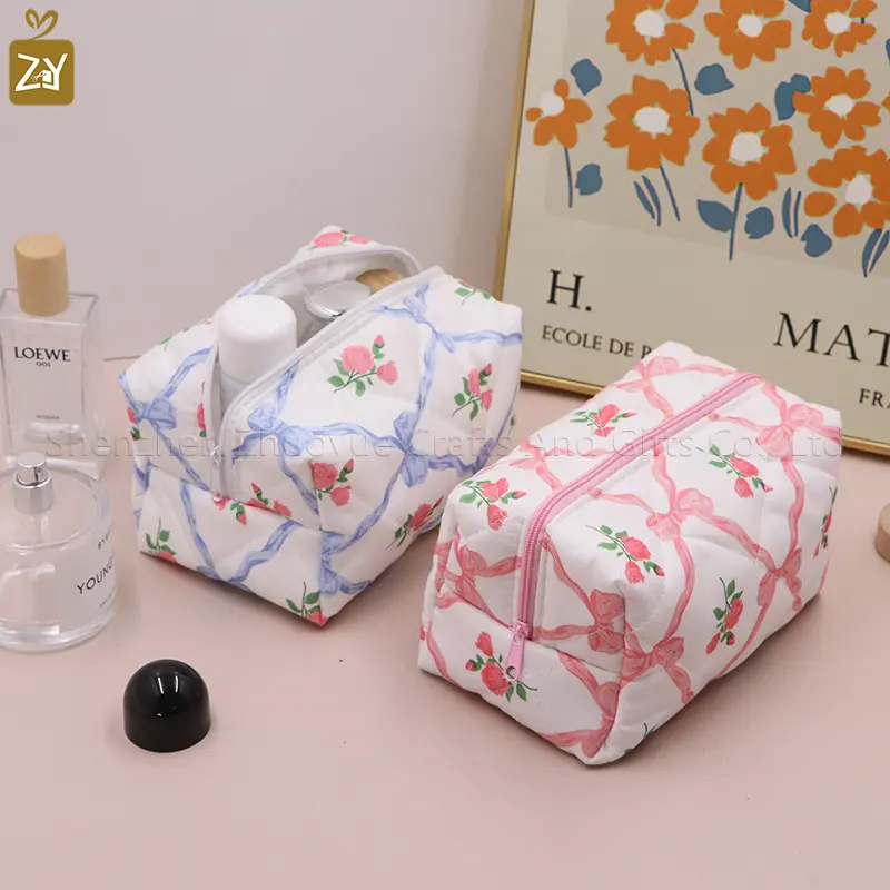 100% cotton cosmetic bag, fresh and elegant bowknot Korean-style cosmetic bag, rose-printed skincare product storage bag, portab