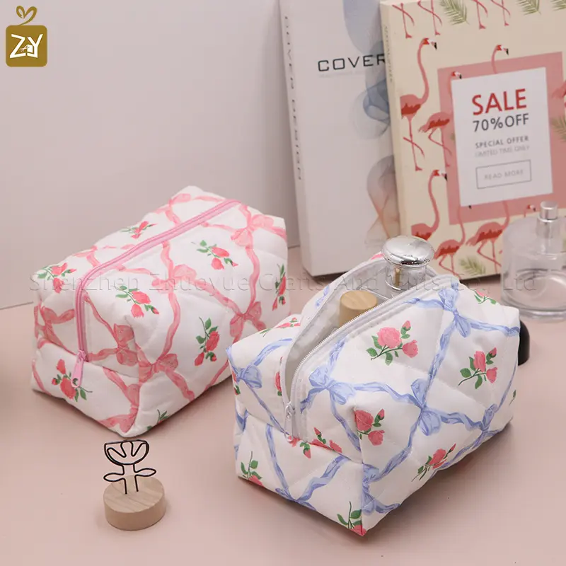 100% cotton cosmetic bag, fresh and elegant bowknot Korean-style cosmetic bag, rose-printed skincare product storage bag, portab