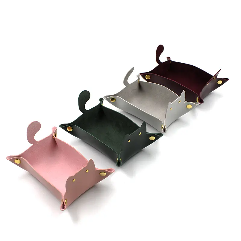 Leather Tray, Cat Shape Storage Tray, Collapsible Jewellery Travel Organiser, Suitable for Travel, Nightstand, Office