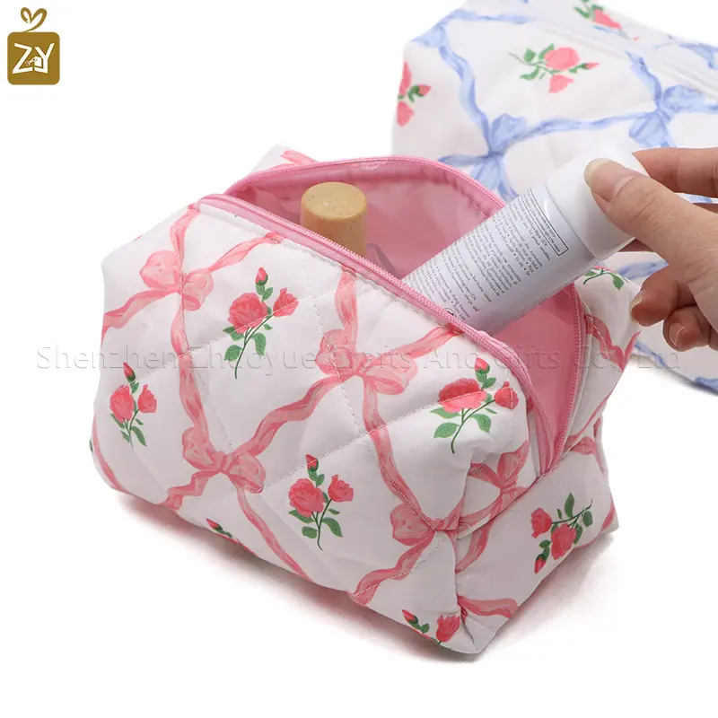 100% cotton cosmetic bag, fresh and elegant bowknot Korean-style cosmetic bag, rose-printed skincare product storage bag, portab