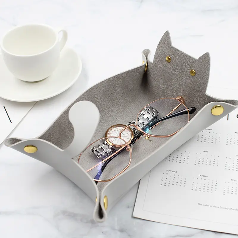 Leather Tray, Cat Shape Storage Tray, Collapsible Jewellery Travel Organiser, Suitable for Travel, Nightstand, Office
