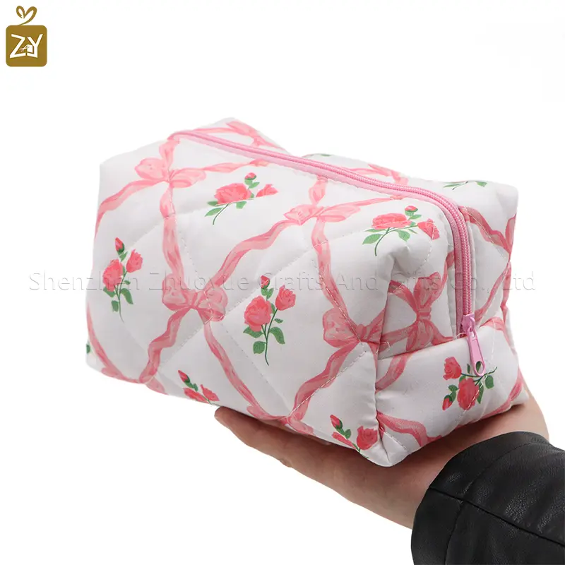 100% cotton cosmetic bag, fresh and elegant bowknot Korean-style cosmetic bag, rose-printed skincare product storage bag, portab