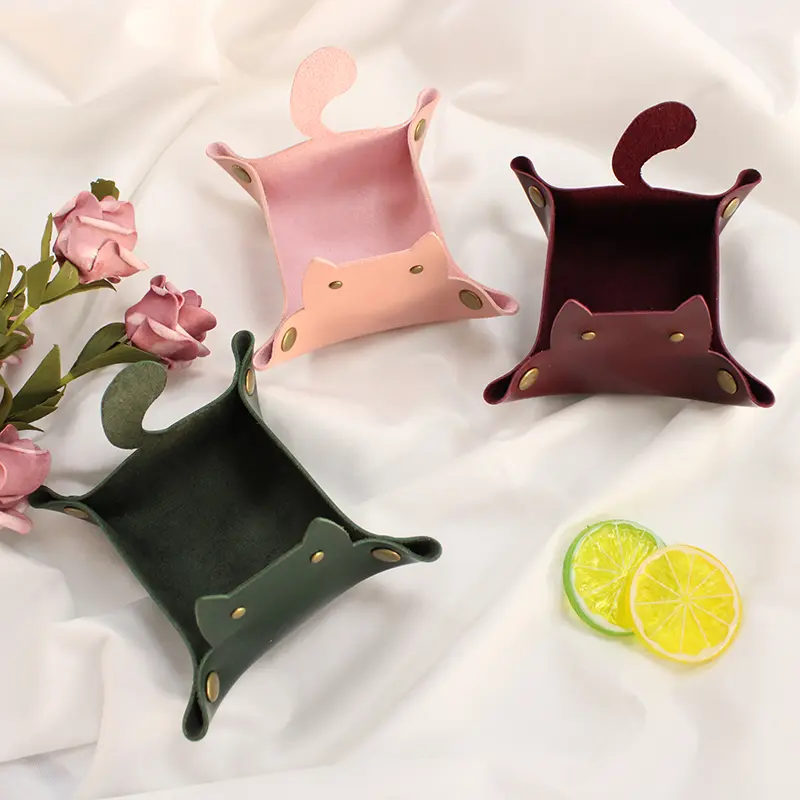 Leather Tray, Cat Shape Storage Tray, Collapsible Jewellery Travel Organiser, Suitable for Travel, Nightstand, Office