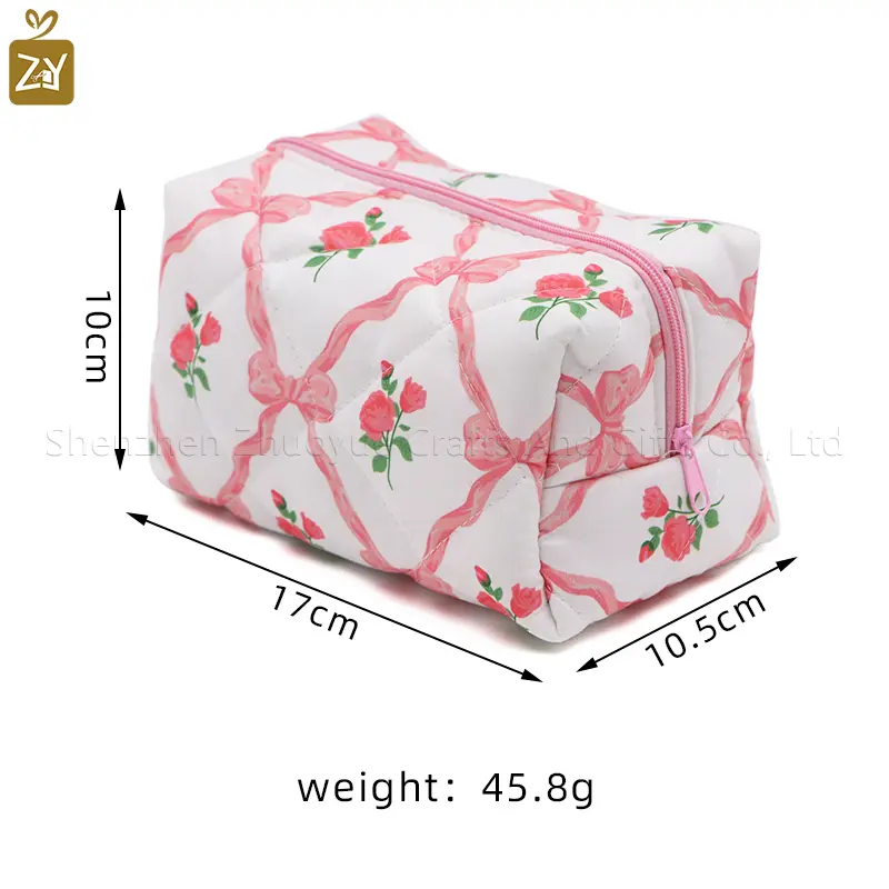 100% cotton cosmetic bag, fresh and elegant bowknot Korean-style cosmetic bag, rose-printed skincare product storage bag, portab