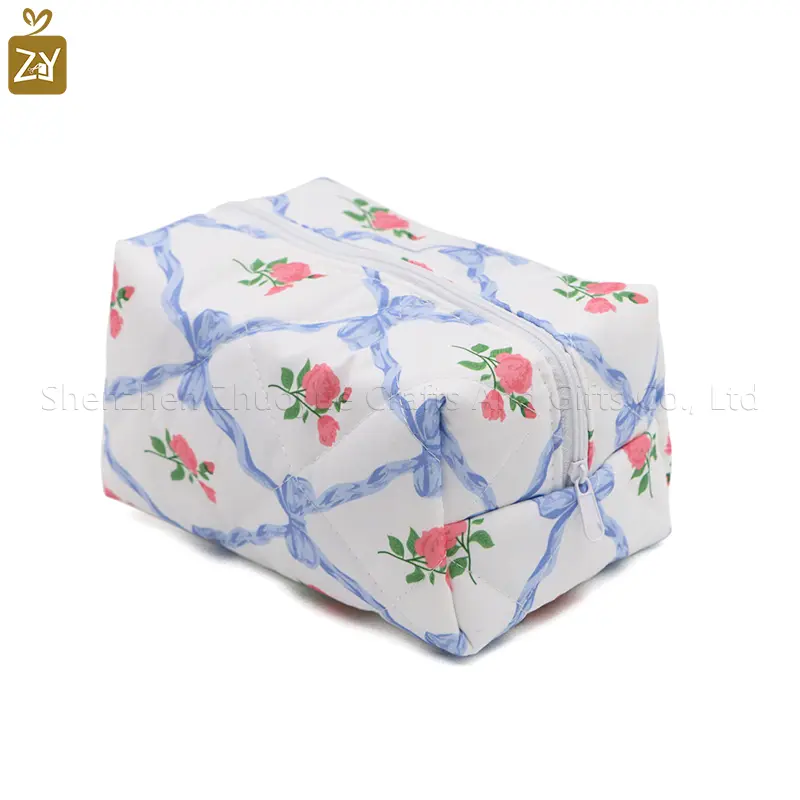 100% cotton cosmetic bag, fresh and elegant bowknot Korean-style cosmetic bag, rose-printed skincare product storage bag, portab