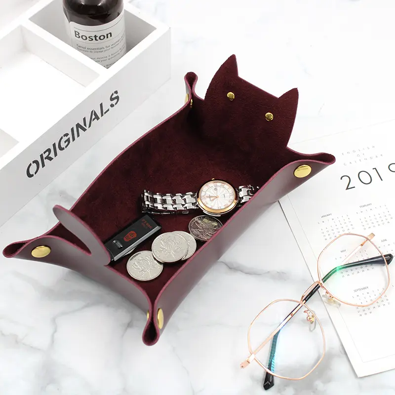 Leather Tray, Cat Shape Storage Tray, Collapsible Jewellery Travel Organiser, Suitable for Travel, Nightstand, Office